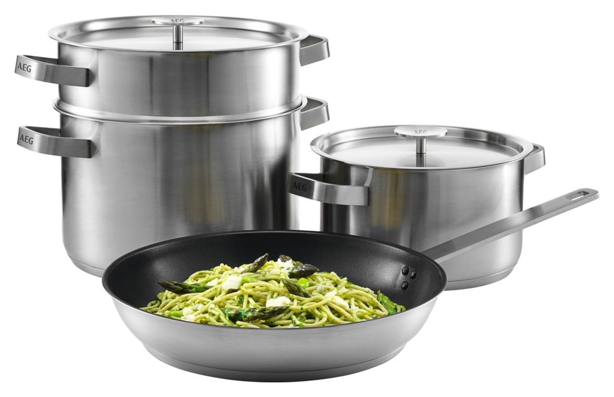 A4SS Kochgeschirr-Set aus Fettpfanne 28 cm + 2 Töpfen 20 cm und 24 cm + Edelstahlsieb 