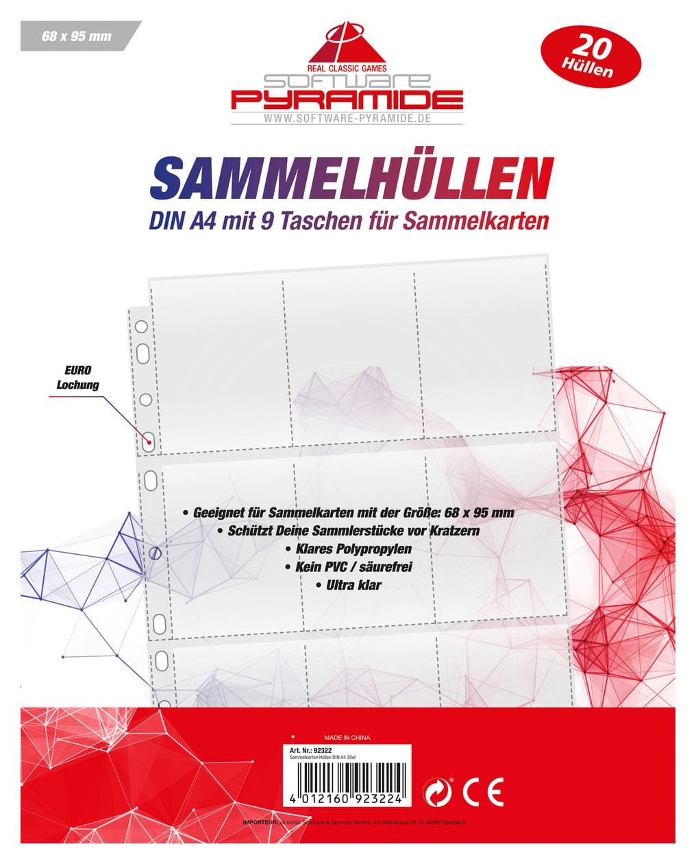 92322 DIN A4 20er Pack 9 Taschen Kartenhülle 