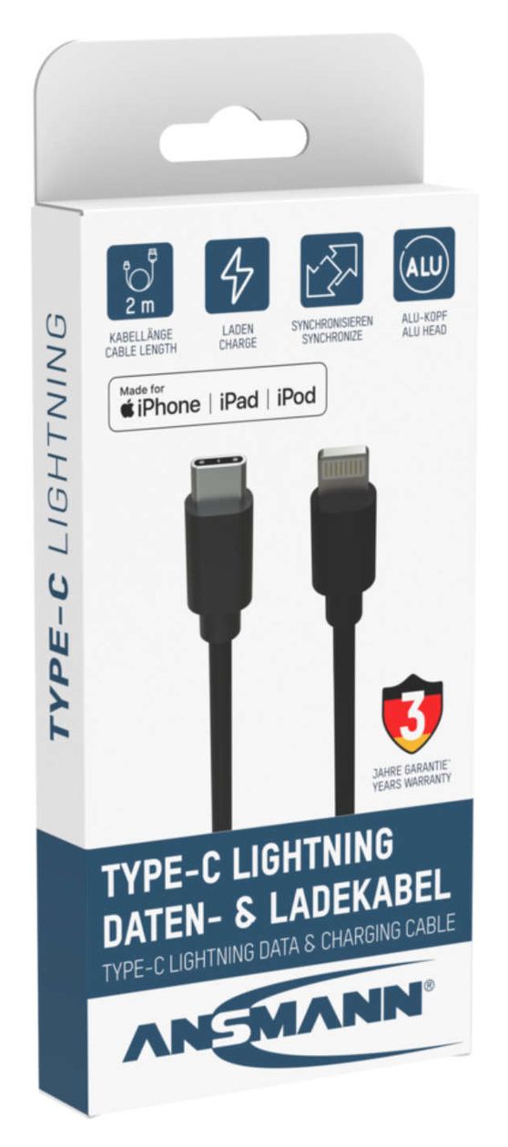 1700-0107 Stecker Lightning auf USB C 2 m  (Schwarz) 