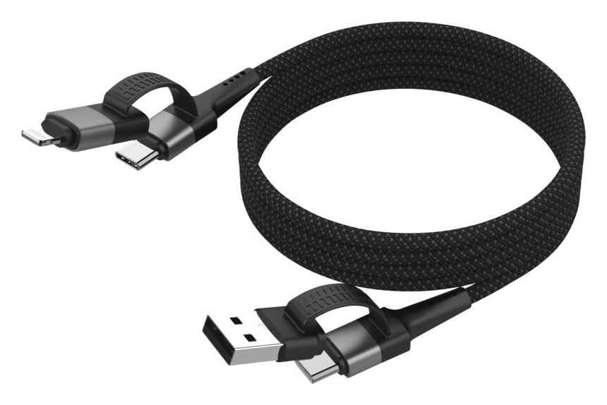 1700-0188 Stecker Rundkabel USB A/USB C auf USB C/Lightning bis 60 W 1,2 m  (Schwarz, Silber) 