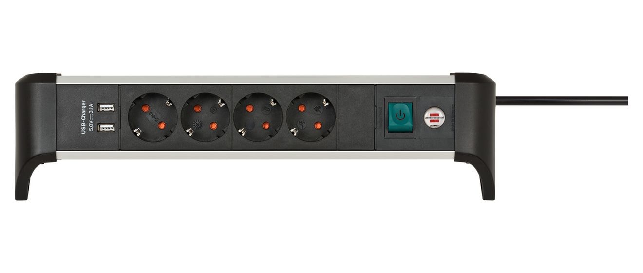 Alu-Office-Line Steckdosenleiste mit USB 4-fach 1,8 m  (Schwarz/Silber) 