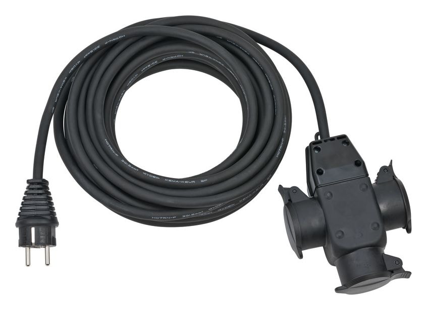 Baustellen-Verlängerungskabel mit Gummikupplung IP44 3-fach 10 m  (Schwarz) 