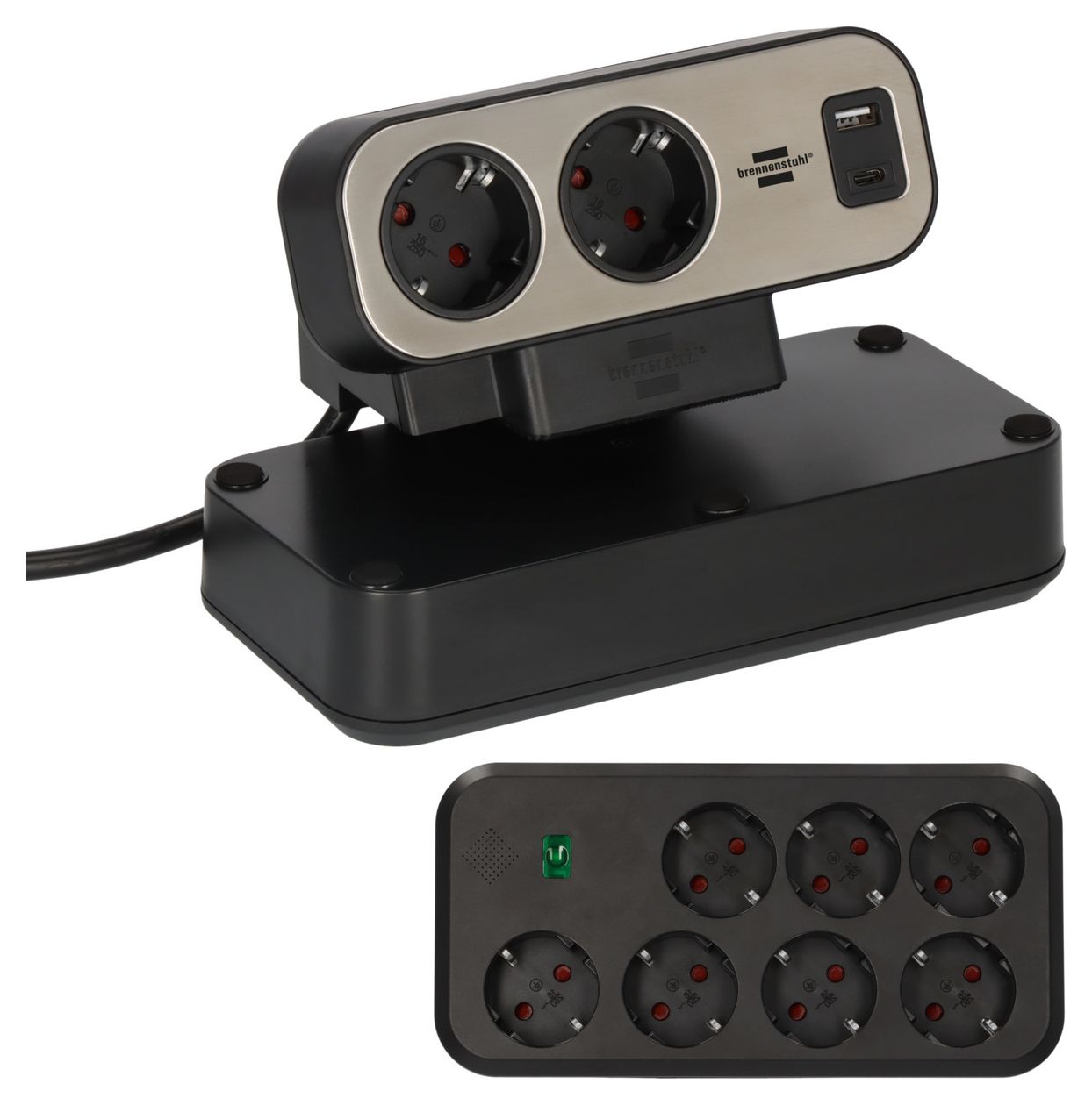estilo Duplex Tischsteckdosenleiste Überspannungsschutz USB-C PD 9-fach 2 m  (Schwarz/Silber) 