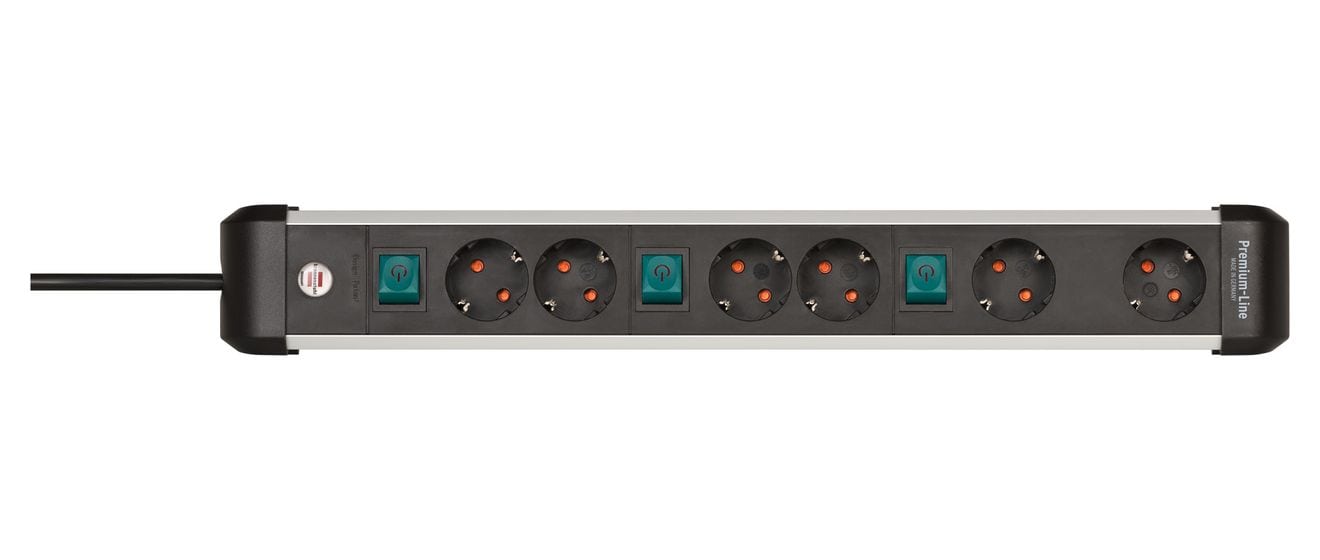 Premium-Alu-Line Steckdosenleiste paarweise schaltbar 6-fach 3 m  (Schwarz/Silber) 