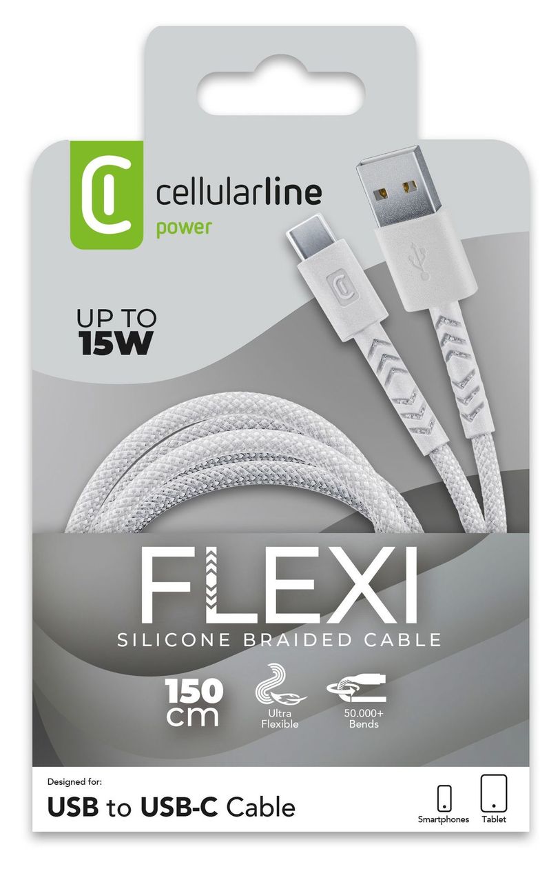 Flexi Braided Data Cable Stecker USB A auf USB C bis 15 W 1,5 m  (Weiß) 