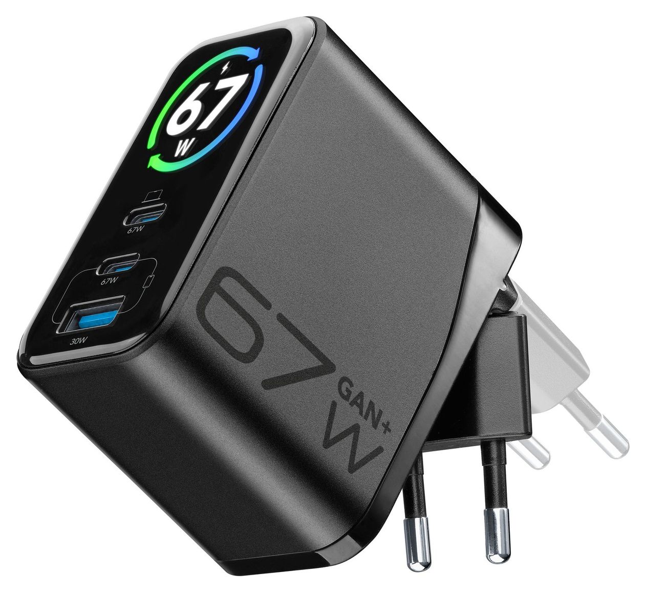 PowerView IQ ACH 67W 67W Netzladegerät mit smartem TFT-Display, klappbarem Stecker und GaN+ Technologie. Ausgestattet mit 2 USB-C-Ports und 1 USB-A-Port für gleichzeitiges Laden. 