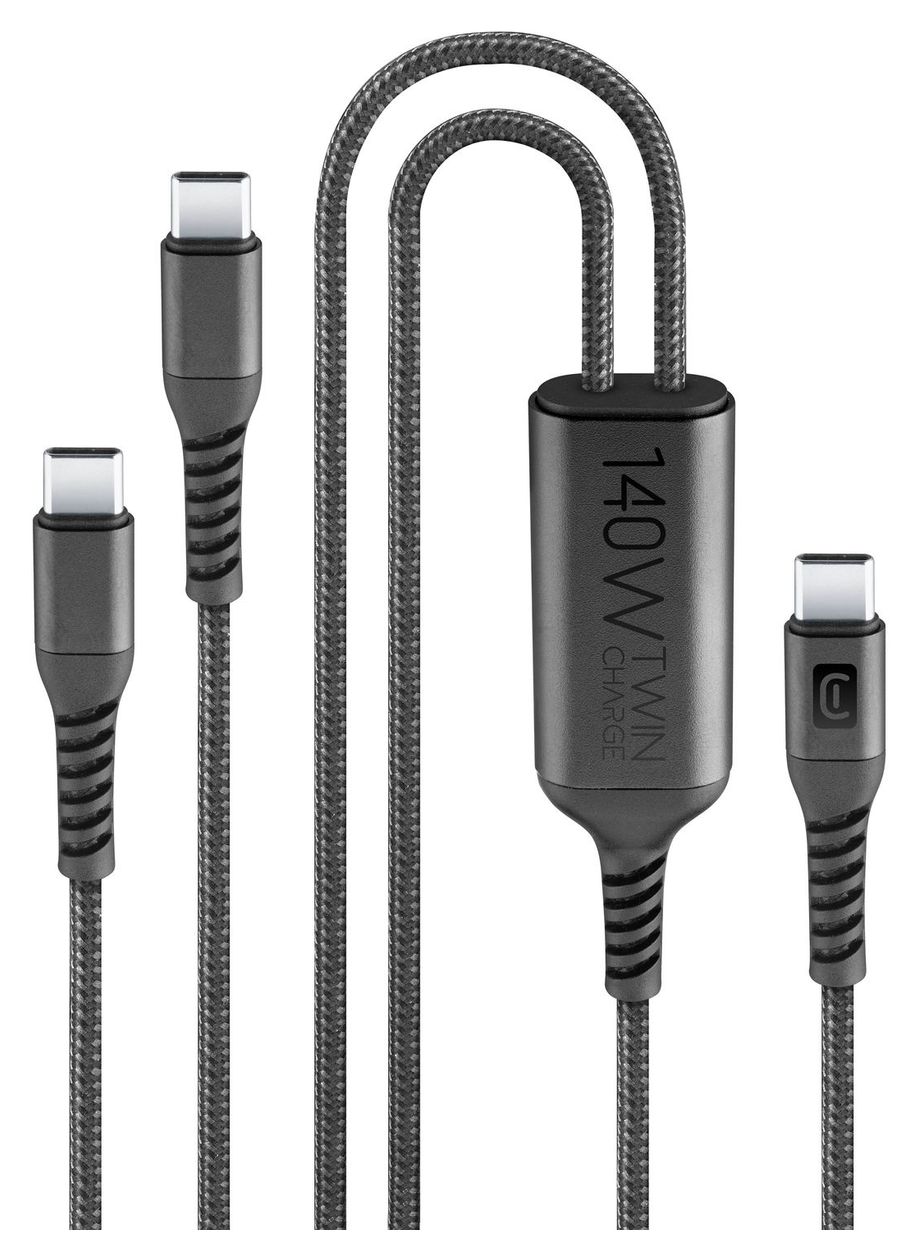 Twin Charge Cable Rundkabel USB C auf 2 x USB C Männlich bis 120 W 1,5 m  (Schwarz) 