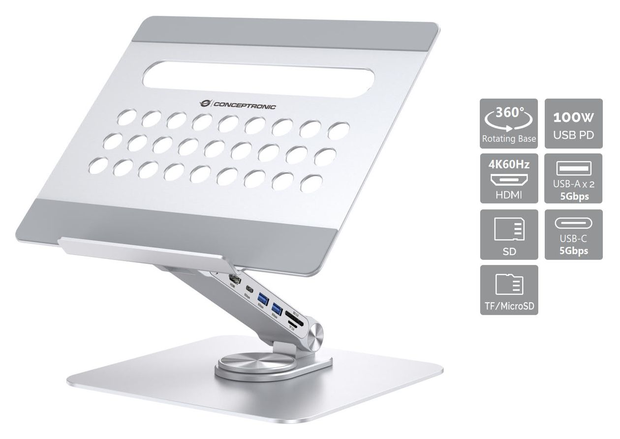 DONN27G Laptop-Ständer mit 7-in-1-Dockingstation, 360° drehbare Basis, faltbar, höhenverstellbar 