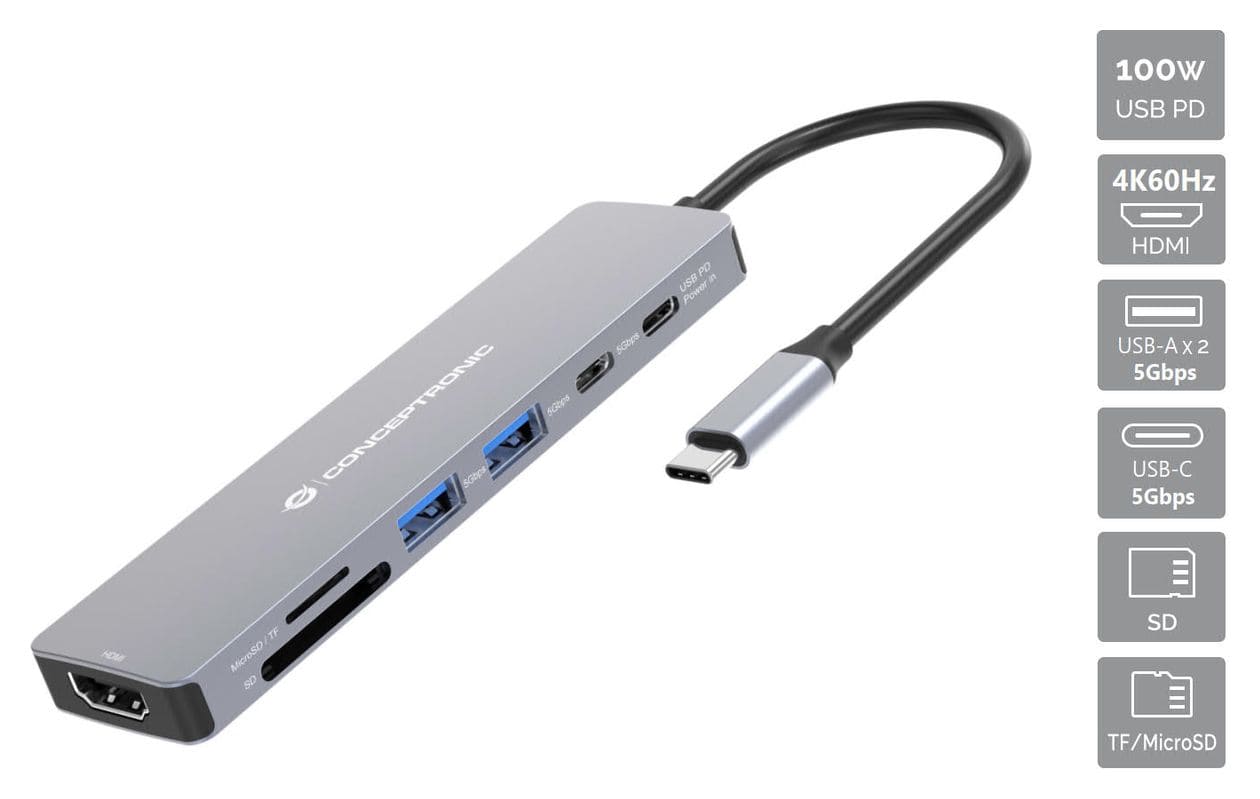 DONN28G 7-in-1 USB 3.2 Gen 1 Dockingstation, 4K60Hz HDMI, USB-A 5Gbps x 2, USB-C 5Gbps, SD, TF/MicroSD, 100W USB PD 