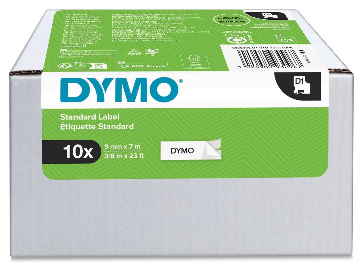 DYMO Original D1-Etikettenband | schwarz auf weiß | 9 mm x 7 m | selbstklebendes Schriftband | für LabelManager-Beschriftungsgerät | 10 D1 Etikettenkassetten 