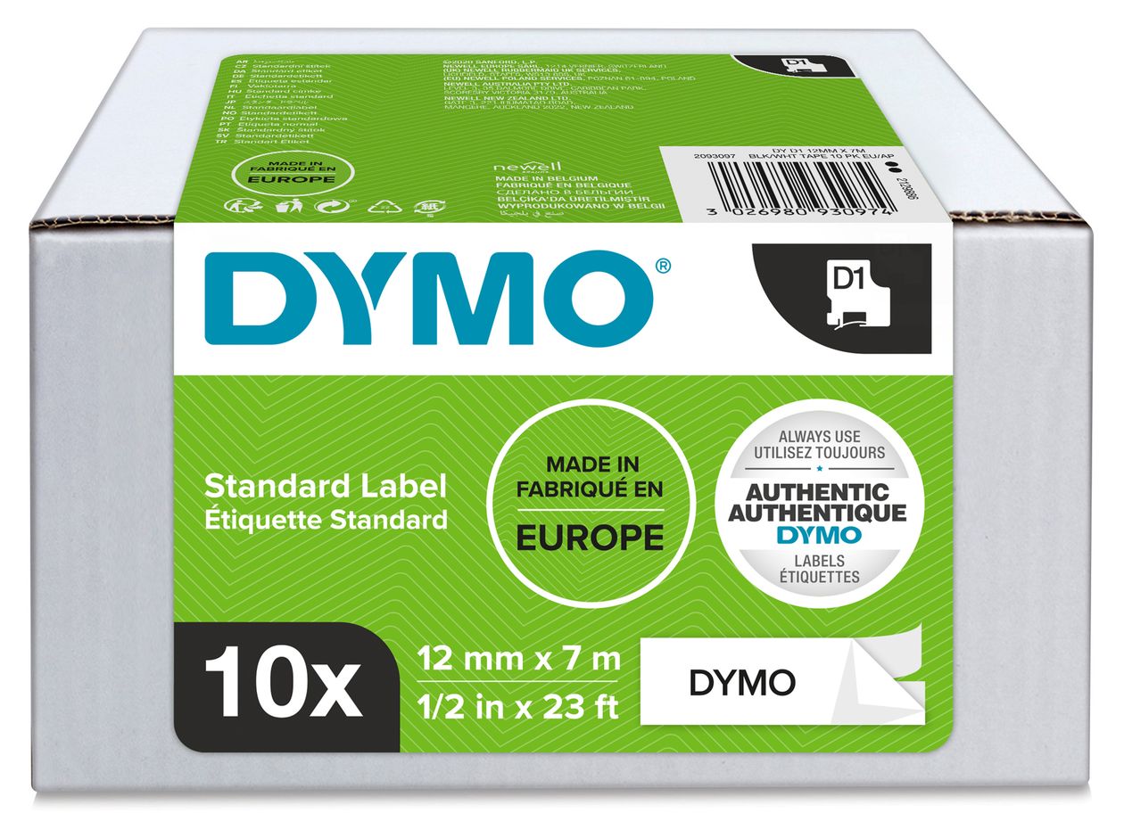 DYMO Original D1-Etikettenband | schwarz auf weiß | 12 mm x 7 m | selbstklebendes Schriftband | für LabelManager-Beschriftungsgerät | 10 Etikettenkassetten 
