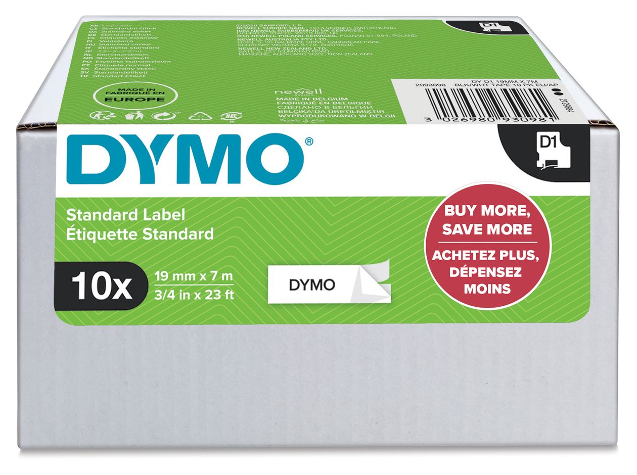 DYMO Original D1-Etikettenband | schwarz auf weiß | 19 mm x 7 m | selbstklebendes Schriftband | für LabelManager-Beschriftungsgerät | 10 D1 Etikettenkassetten 