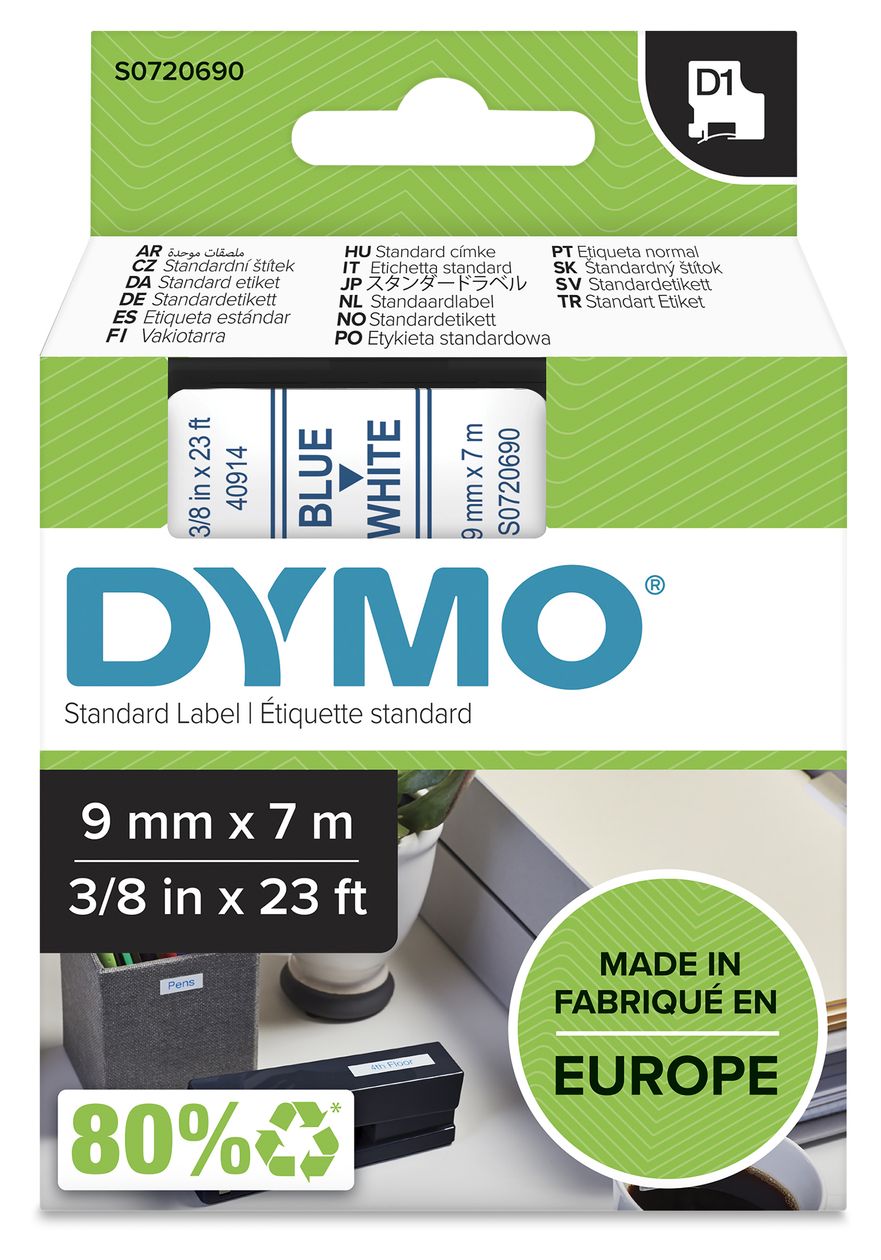 DYMO Original D1-Etikettenband | blau auf weiß | 9 mm x 7 m | selbstklebendes Schriftband | für LabelManager-Beschriftungsgerät 