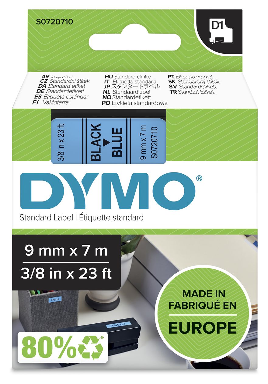 DYMO Original D1-Etikettenband | schwarz auf blau | 9 mm x 7 m | selbstklebendes Schriftband | für LabelManager-Beschriftungsgerät 