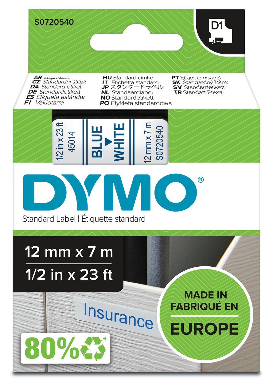 DYMO Original D1-Etikettenband | blau auf weiß | 12 mm x 7 m | selbstklebendes Schriftband | für LabelManager-Beschriftungsgerät 