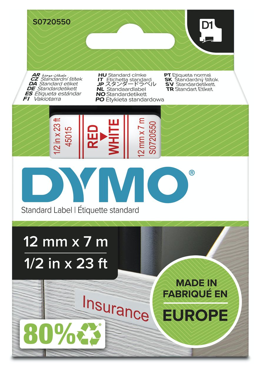 DYMO Original D1-Etikettenband | rot auf weiß | 12 mm x 7 m | selbstklebendes Schriftband | für LabelManager-Beschriftungsgerät 