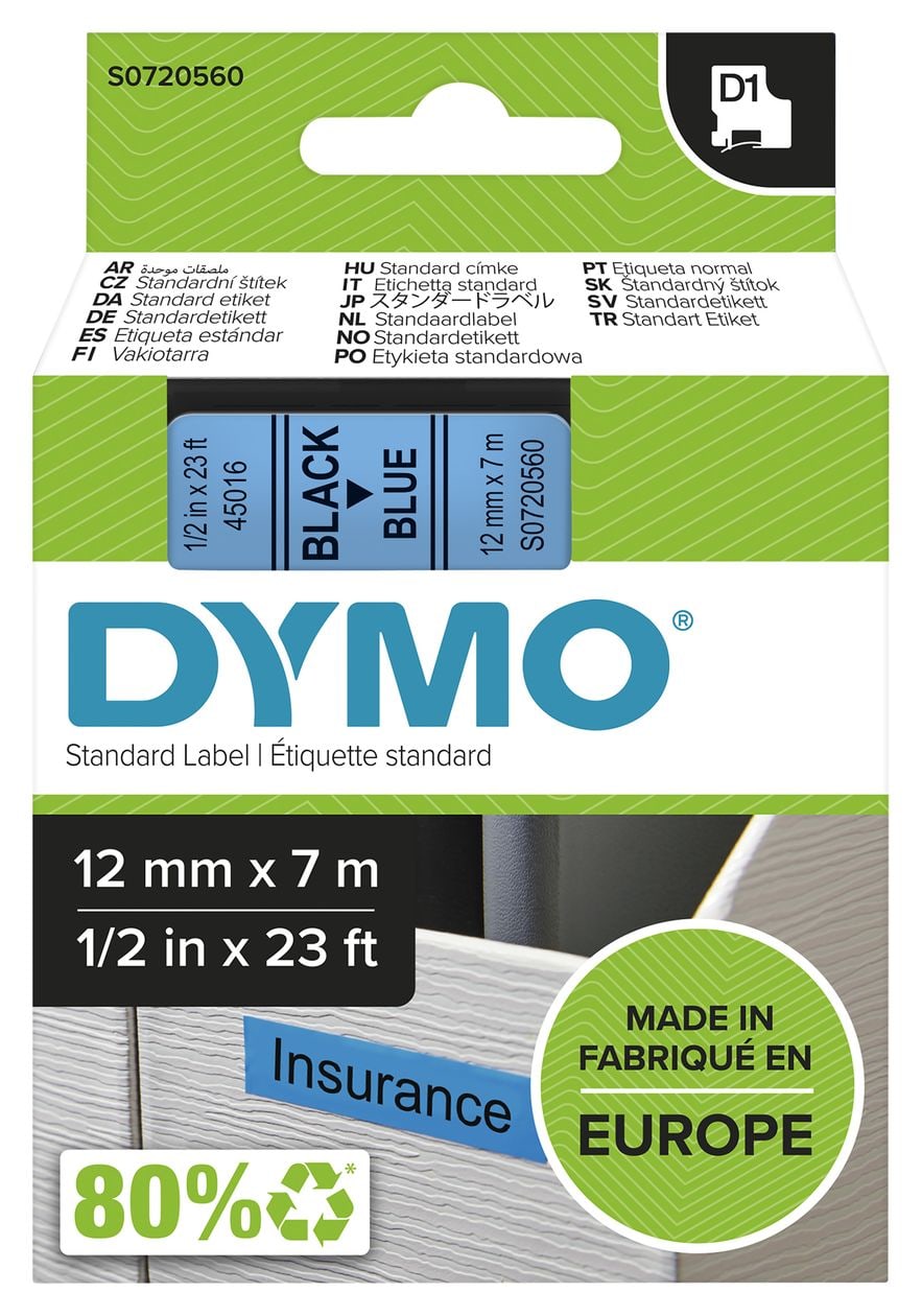 DYMO Original D1-Etikettenband | schwarz auf blau | 12 mm x 7 m | selbstklebendes Schriftband | für LabelManager-Beschriftungsgerät 