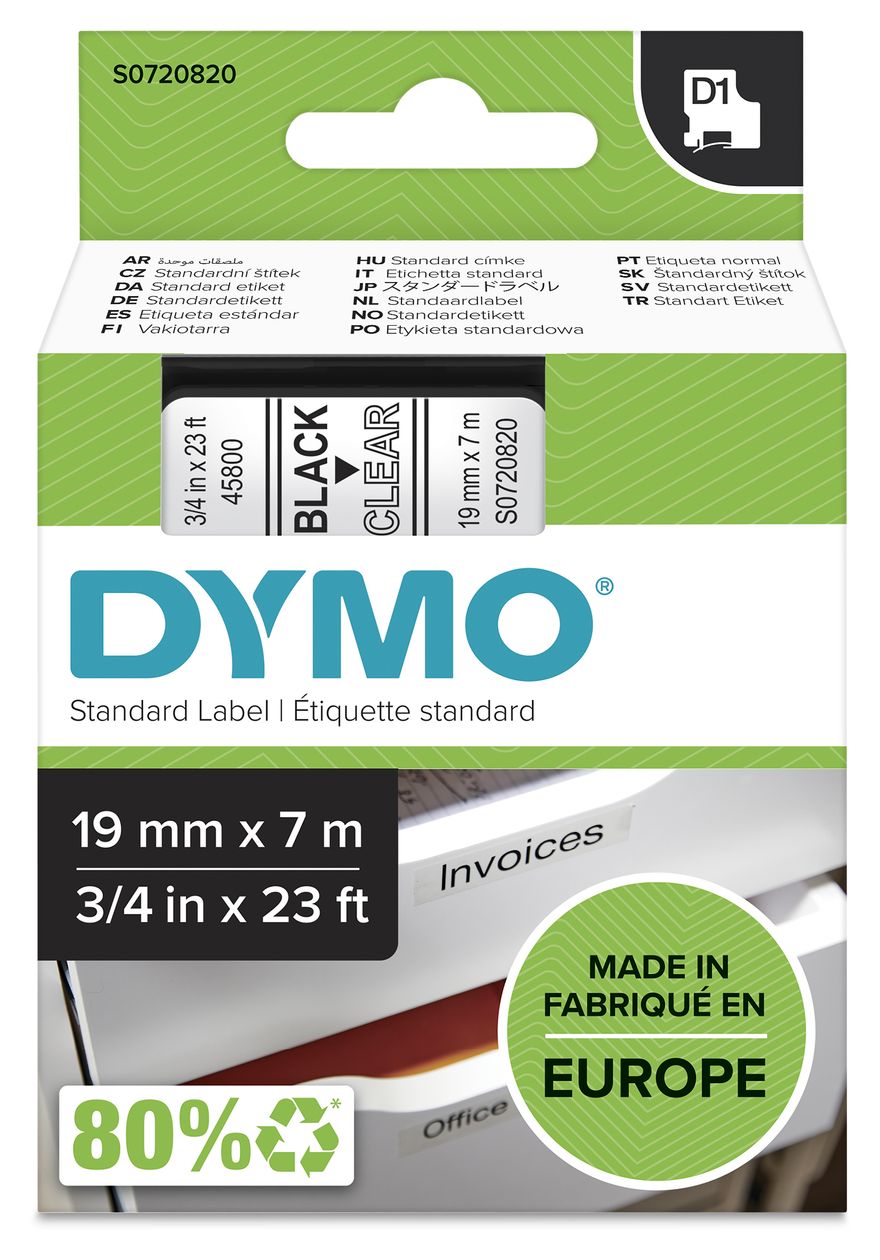 DYMO Original D1-Etikettenband | schwarz auf transparent | 19 mm x 7 m | selbstklebendes Schriftband | für LabelManager-Beschriftungsgerät 