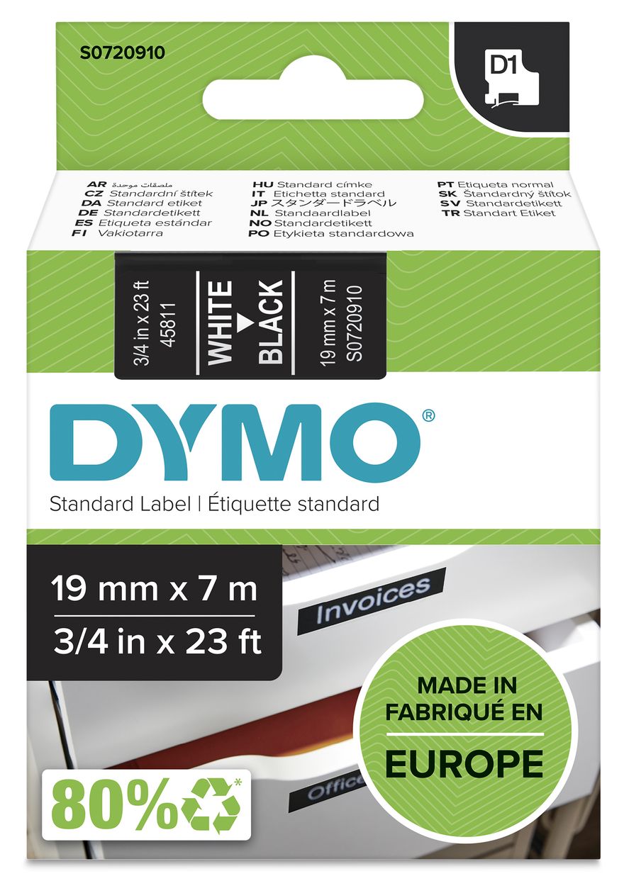 DYMO Original D1-Etikettenband | weiß auf schwarz | 19 mm x 7 m | selbstklebendes Schriftband | für LabelManager-Beschriftungsgerät 