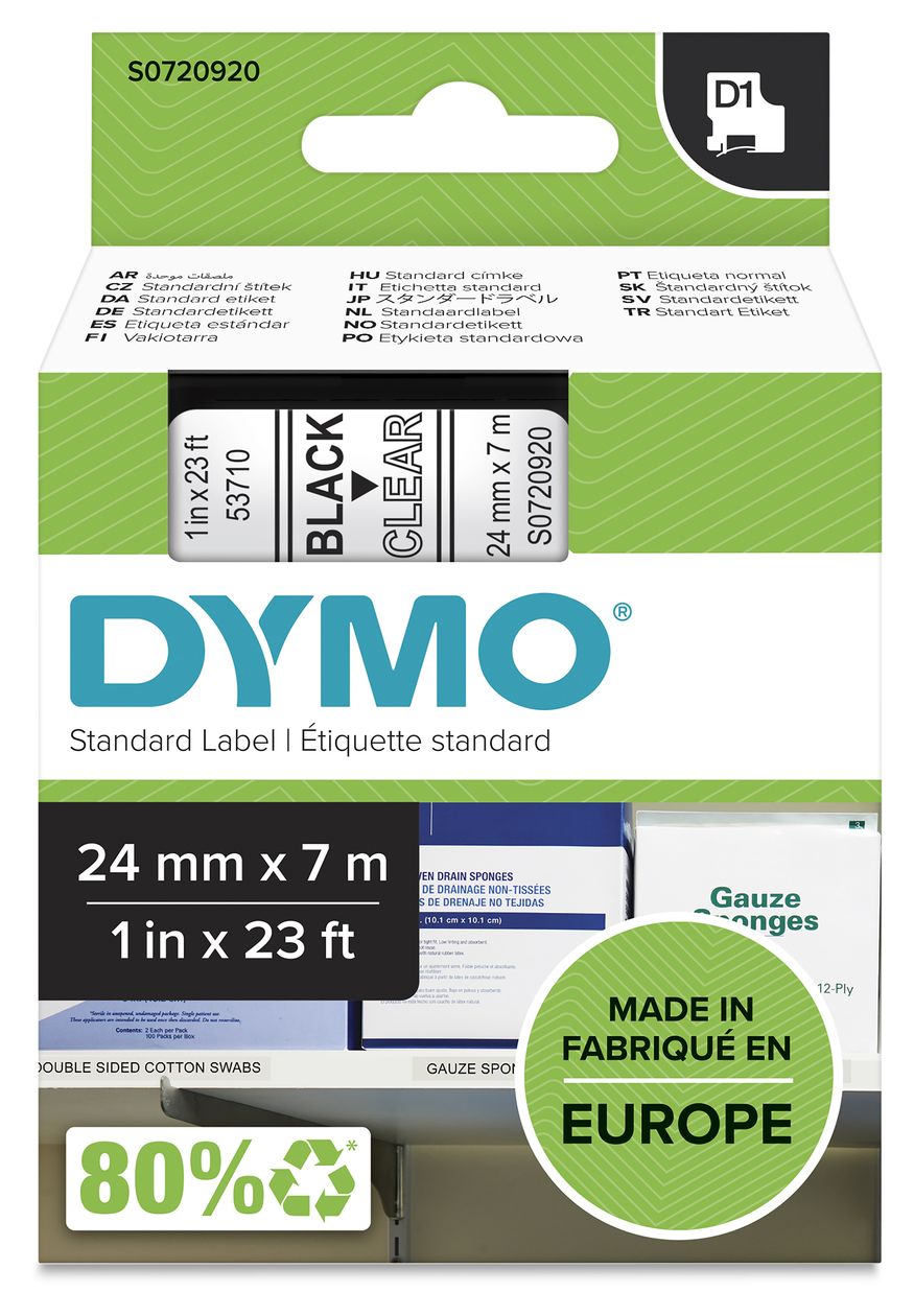 DYMO Original D1-Etikettenband | schwarz auf transparent | 24 mm x 7 m | selbstklebendes Schriftband | für LabelManager-Beschriftungsgerät 