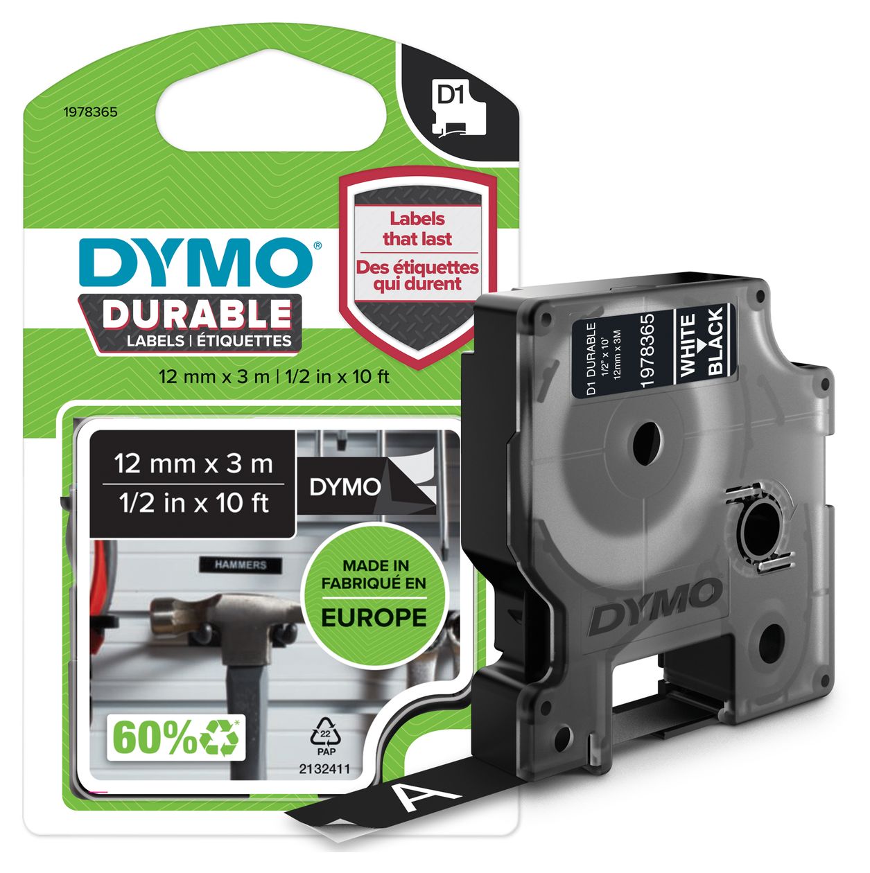 DYMO Original D1 Hochleistungs-Etikettenband | weiß auf schwarz | 12 mm x 3 m | permanent haftendes Vinyl- Schriftband | für LabelManager-Beschriftungsgerät 