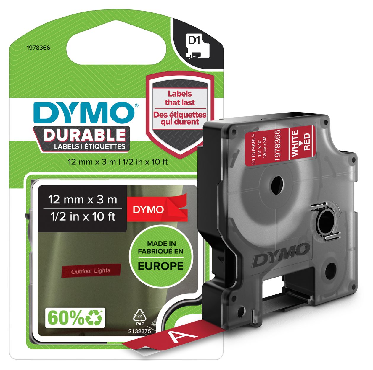 DYMO Original D1 Hochleistungs-Etikettenband | weiß auf rot | 12 mm x 3 m | permanent haftendes Vinyl-Schriftband | für LabelManager-Beschriftungsgerät 