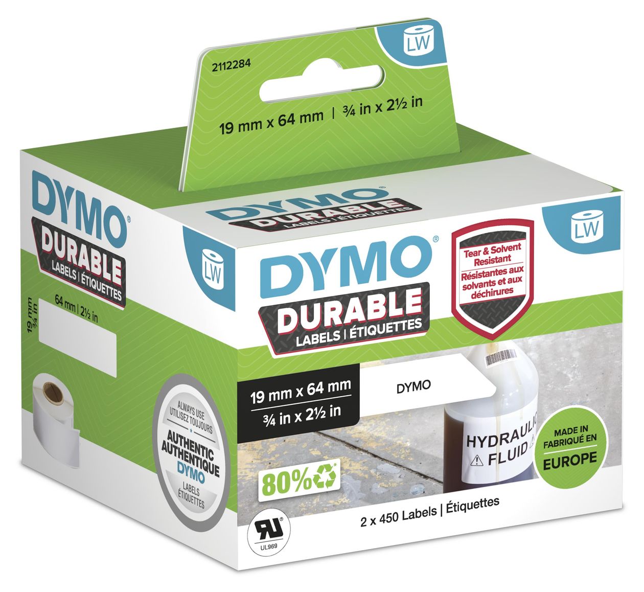 DYMO Original LabelWiter Hochleistungs-Etiketten | 19 mm x 64 mm | weißes Kunststoff-Etikett | Rolle mit 900 Etiketten | für LabelWriter-Beschriftungsgerät 