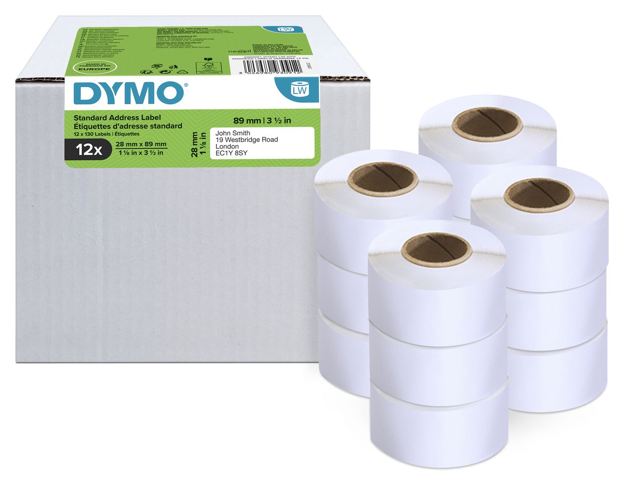 DYMO Original LabelWriter Adressetiketten | 28 mm x 89 mm | 12 Rollen mit je 130 leicht ablösbaren Etiketten (1.560 Etiketten) | selbstklebende Etiketten | für LabelWriter-Beschriftungsgerät 