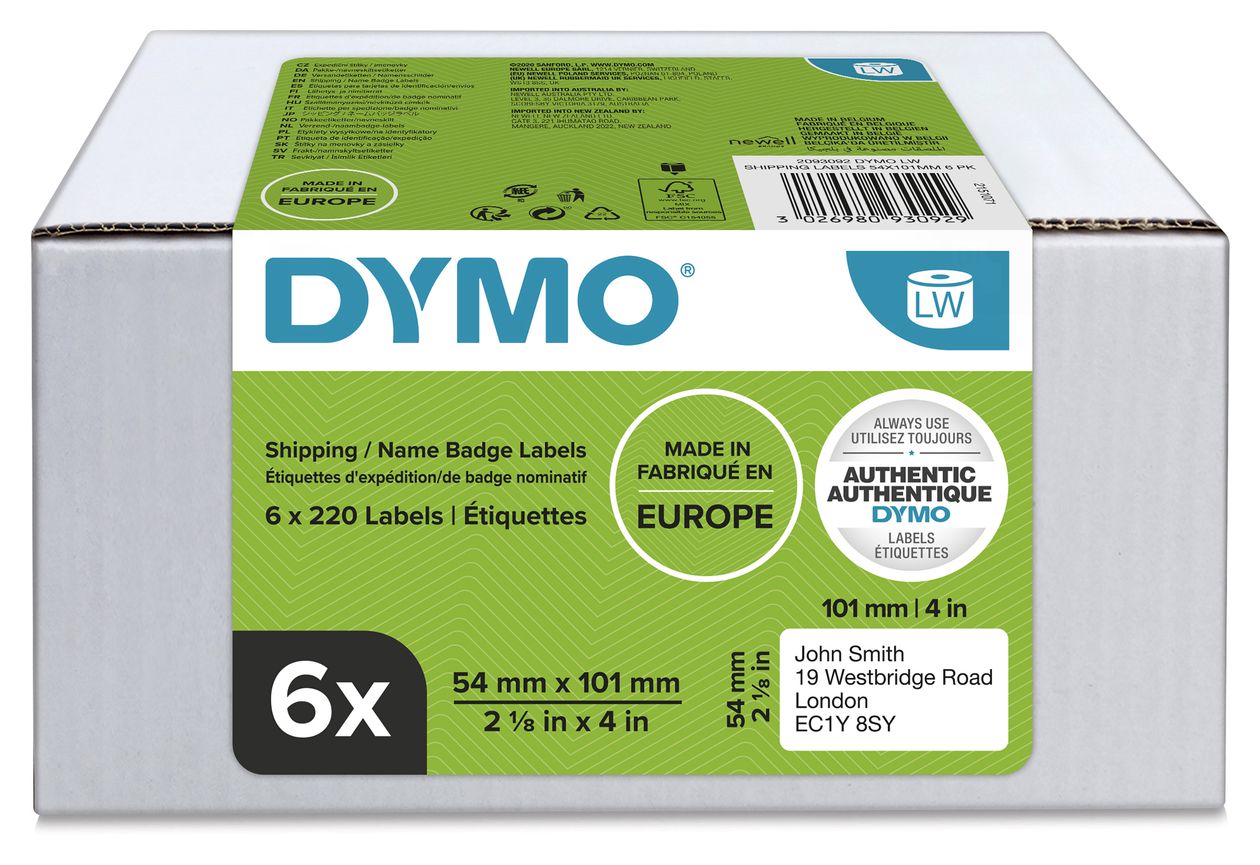 DYMO Original LabelWriter Versandetiketten/-Namensschilder (groß) | 54 mm x 101 mm | 6 Rollen mit je 220 leicht ablösbaren Etiketten (1.320 Etiketten) | für LabelWriter Etikettendrucker 