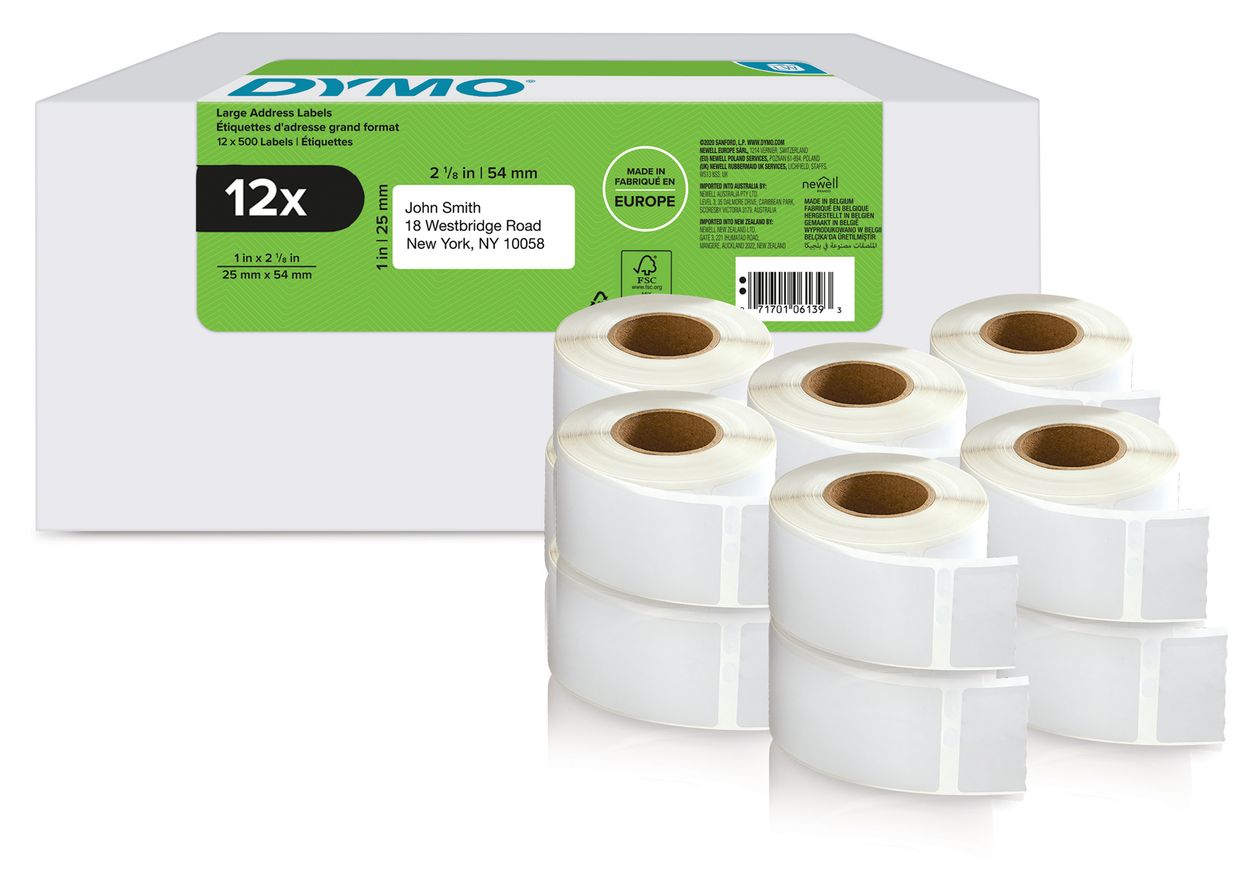 DYMO Original LabelWriter Rücksendeadressetiketten | 25mm x 54mm | 12 Rollen mit je 500 leicht ablösbaren Etiketten (6.000 Stück) | selbstklebend | Beschriftungsgerät für LabelWriter Etikettendrucker 