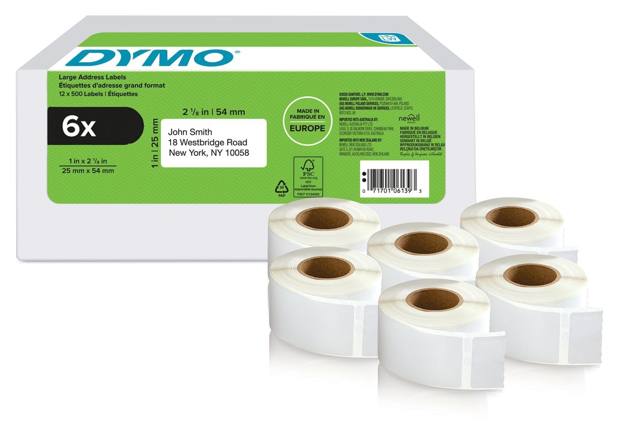 DYMO Original LabelWriter Rücksendeadressetiketten | 25mm x 54mm | 6 Rollen mit je 500 leicht ablösbaren Etiketten (3.000 Stück) | selbstklebend | Beschriftungsgerät für LabelWriter Etikettendrucker 