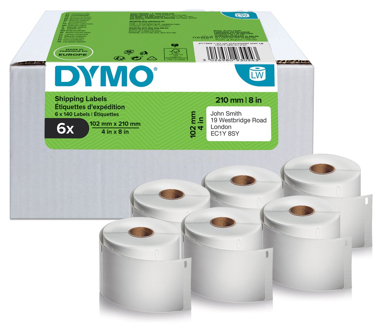 DYMO Original LabelWriter Versandetiketten für LabelWriter 5XL/4XL-Etikettendrucker | 102 mm x 210 mm | 6 Rollen mit je 140 Etiketten (840 Stück) | selbstklebend | für LabelWriter Beschriftungsgerät 