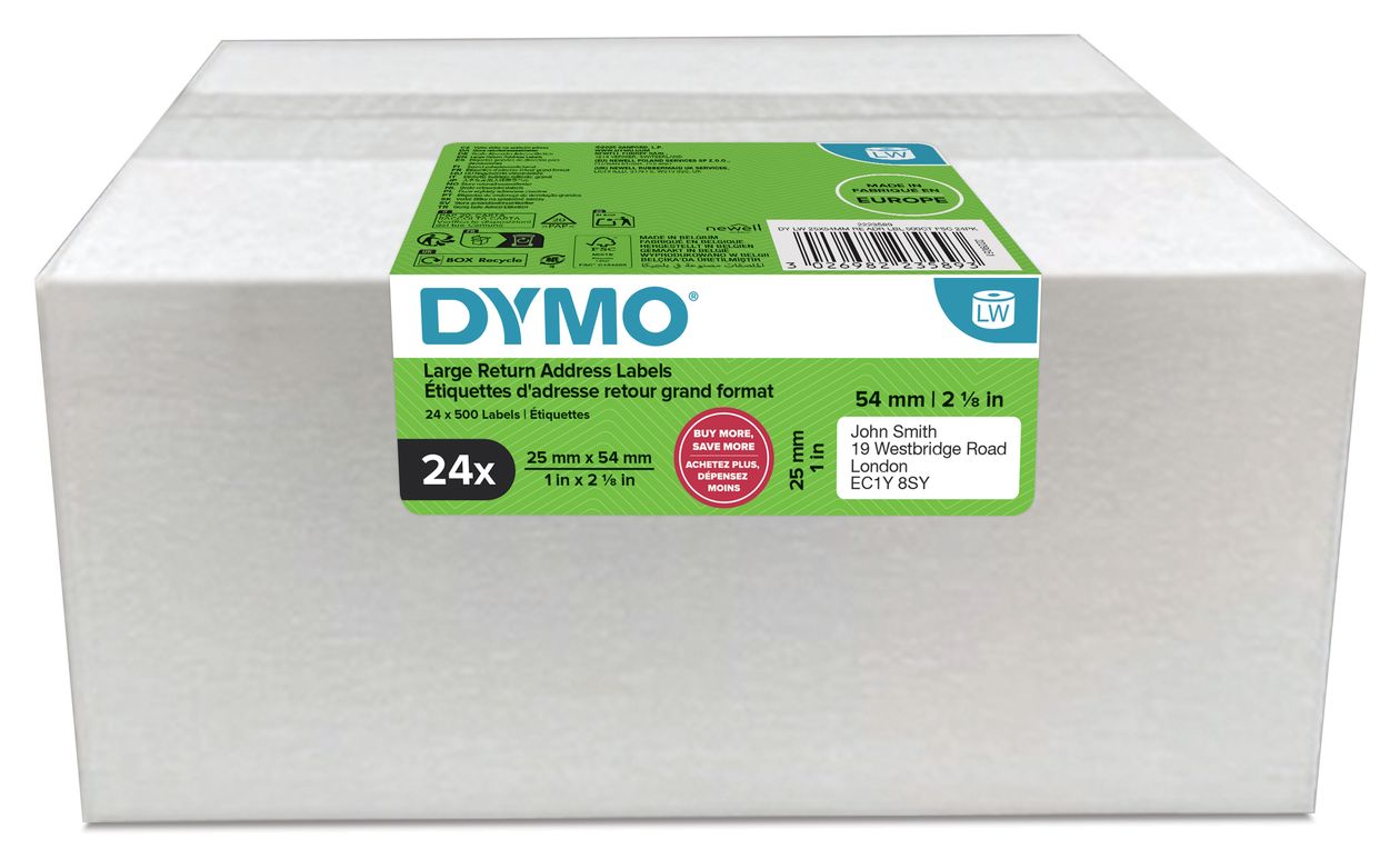DYMO Original LabelWriter Rücksendeadressetiketten | 25mm x 54mm | 24 Rollen mit je 500 leicht ablösbaren Etiketten (12.000 Stück) | selbstklebend | Beschriftungsgerät für LabelWriter Etikettendrucker 