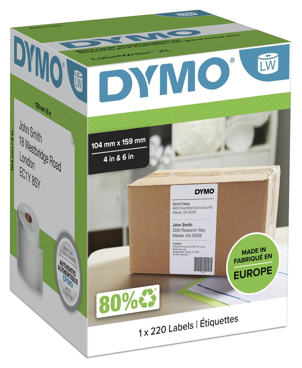 DYMO Original LabelWriter Versandetiketten (Extragroß) für LabelWriter 5XL/4XL-Etikettendrucker | 104 mm x 159 mm | Rolle mit 220 Etiketten | selbstklebend | für LabelWriter Beschriftungsgerät 