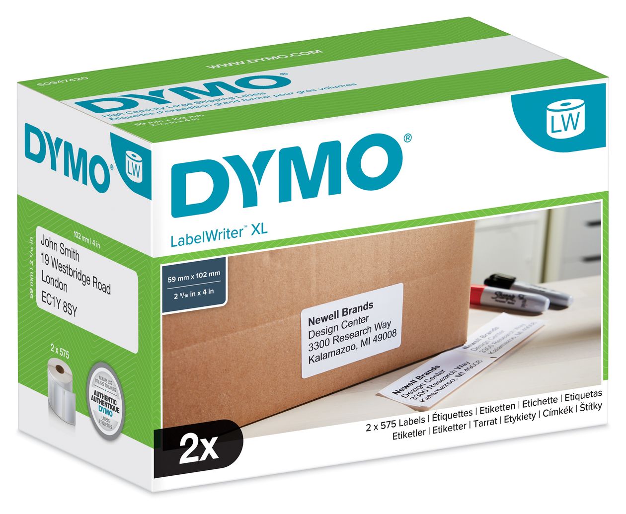 DYMO Original LabelWriter Versand/Namensschild-Etiketten | 102 mm x 59 mm | 2 Rollen mit je 575 leicht ablösbaren Etiketten (1.150 Etiketten) | für LabelWriter 4XL/5XL Etikettendrucker 