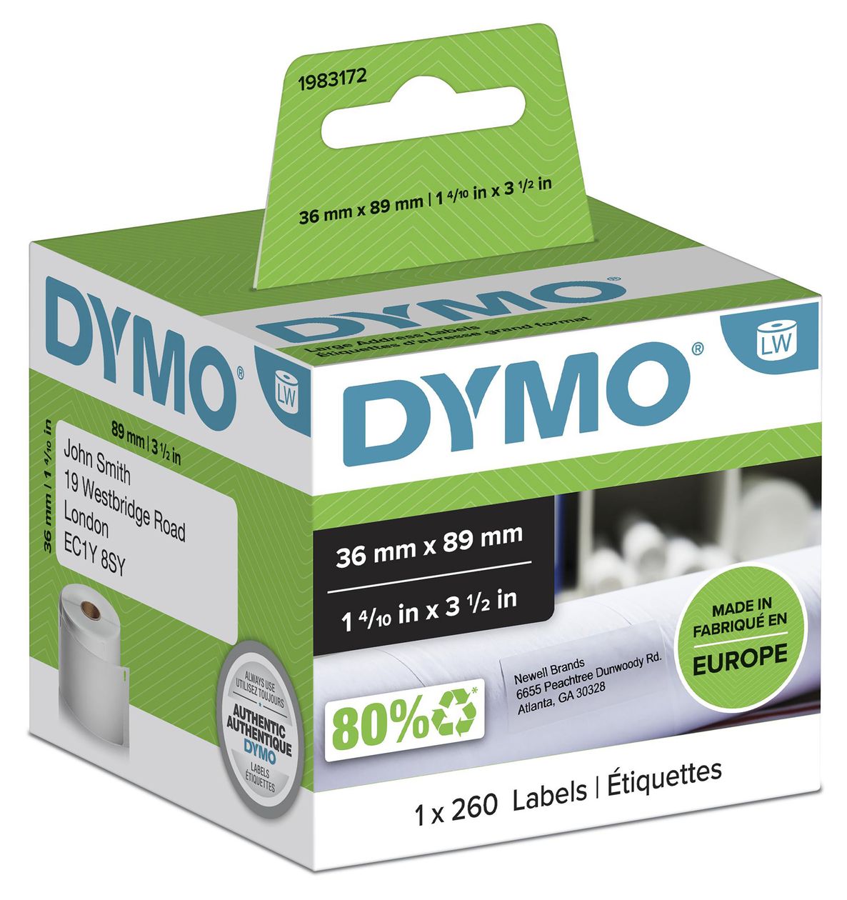 DYMO Original LabelWriter Adressetiketten (Groß) | 36 mm x 89 mm | Rolle mit 260 Etiketten | selbstklebend |für LabelWriter Etikettendrucker und Beschriftungsgerät 