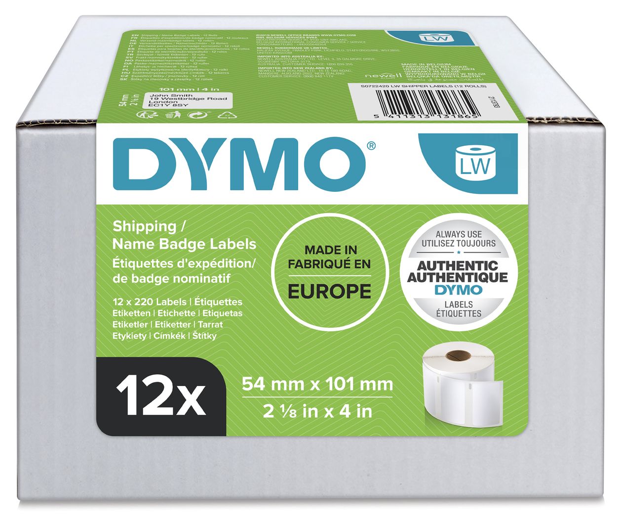 DYMO Original LabelWriter Versandetiketten/-Namensschilder (Groß) | 54 mm x 101 mm | 12 Rollen mit je 220 leicht ablösbaren Etiketten (2.640 Etiketten) | für LabelWriter Etikettendrucker 