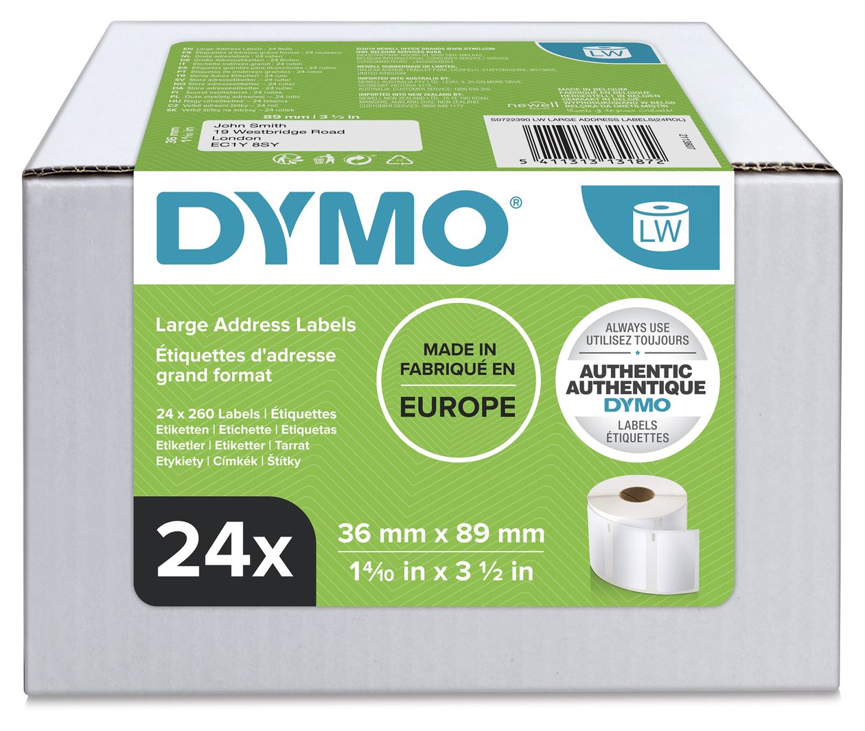 DYMO Original LabelWriter Adressetiketten (Groß) | 36 mm x 89 mm | 24 Rollen mit je 260 leicht ablösbaren Etiketten (6.240 Etiketten) | selbstklebende Etiketten | für LabelWriter-Beschriftungsgerät 