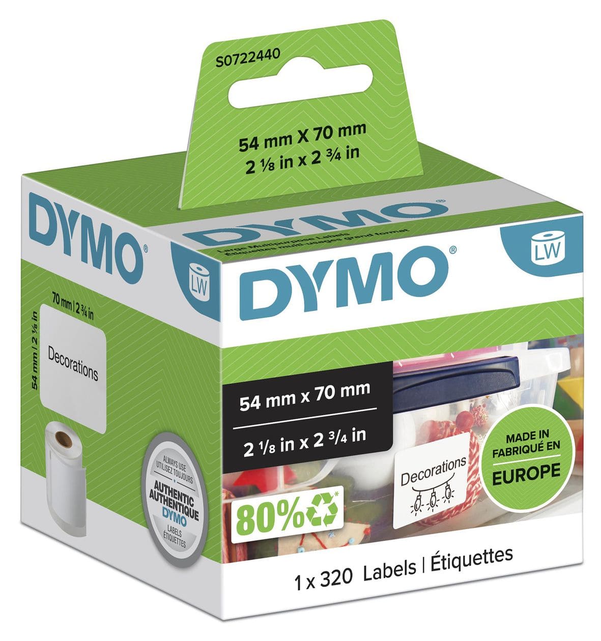 DYMO Original LabelWriter Mehrzwecketiketten | 54 mm x 70 mm | Rolle mit 320 leicht ablösbaren Etiketten | selbstklebend | für LabelWriter Etikettendrucker und Beschriftungsgerät 