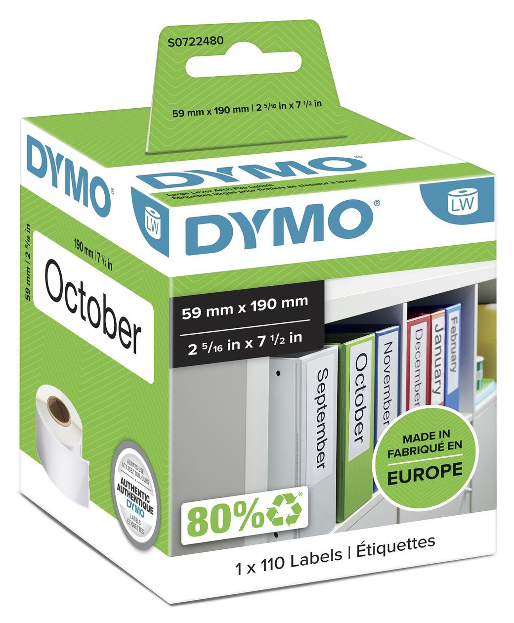 DYMO Original LabelWriter-Mehrzwecketiketten/große Ordnerrücken-Etiketten | 59 mm x 190 mm | Rolle mit 110 leicht ablösbaren Etiketten | selbstklebend | für LabelWriter Etikettendrucker 