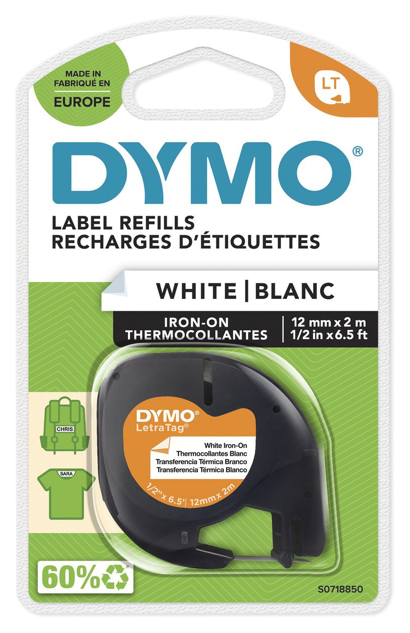 DYMO Original LetraTag Bügeletiketten | schwarz auf weiß | 12 mm x 2 m | Stoffetikettenband für LetraTag-Beschriftungsgerät 