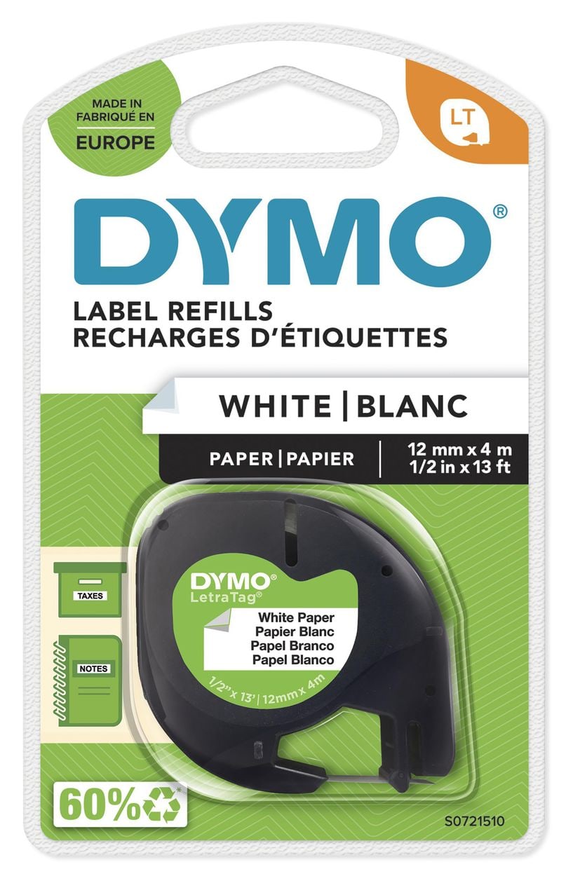 DYMO Original LetraTag Papier Etikettenband | schwarz auf weiß | 12 mm x 4 m | selbstklebendes Papier Schriftband | für LetraTag-Beschriftungsgerät 
