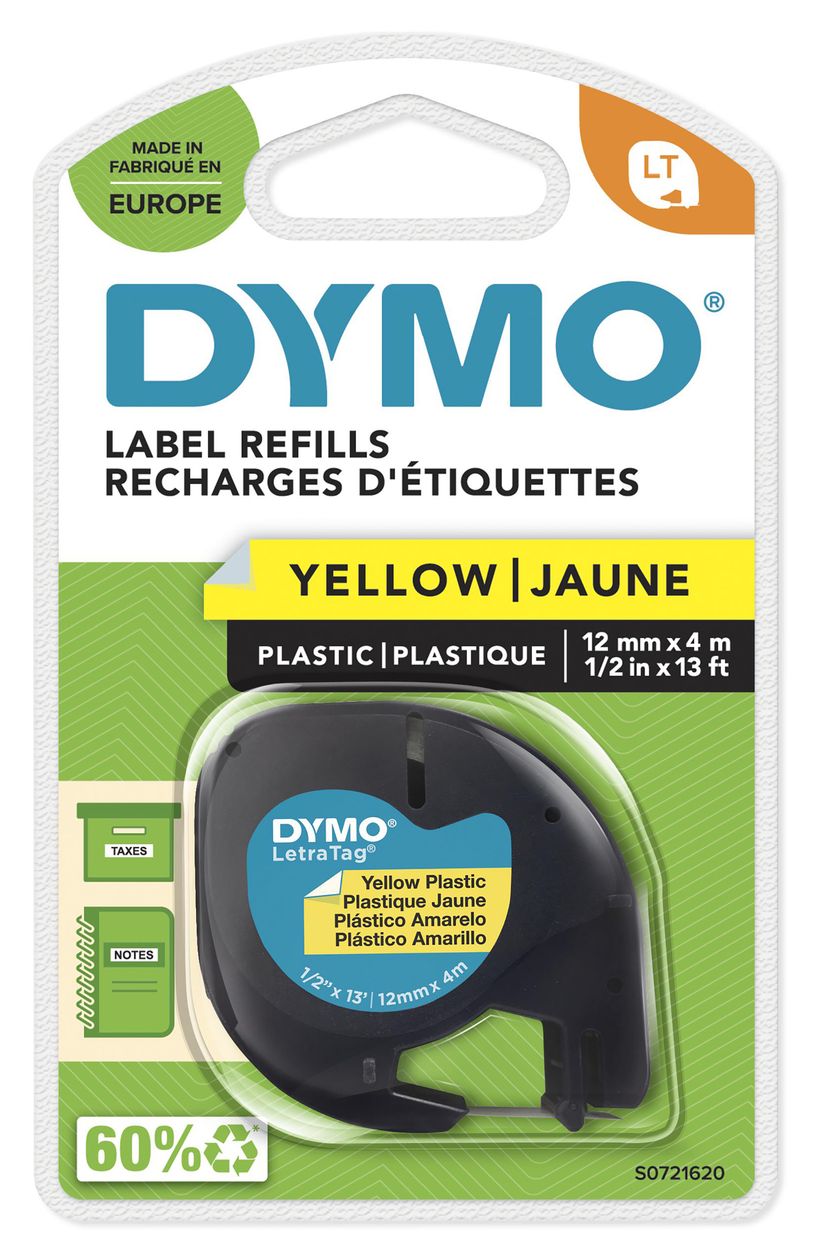 DYMO Original LetraTag Etikettenband | schwarz auf gelb | 12 mm x 4 m | selbstklebendes Kunststoffetiketten | für LetraTag-Beschriftungsgerät 