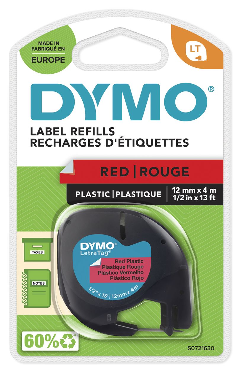 DYMO Original LetraTag Etikettenband | schwarz auf rot | 12 mm x 4 m | selbstklebendes Kunststoffetiketten | für LetraTag-Beschriftungsgerät 