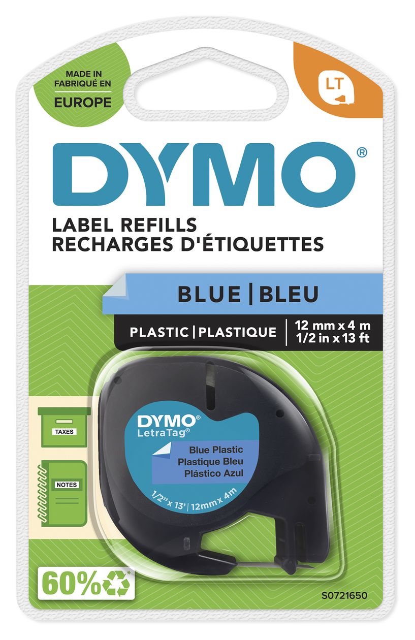 DYMO Original LetraTag Etikettenband | schwarz auf blau | 12 mm x 4 m | selbstklebendes Kunststoffetiketten | für LetraTag-Beschriftungsgerät 