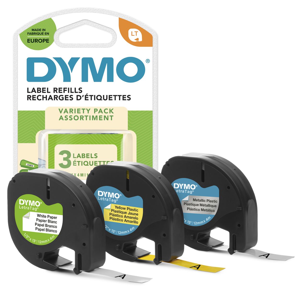 DYMO Original LetraTag Etikettenband | Papier/Kunststoff/Metall | 12 mm x 4 m | selbstklebendes Etiketten | für LetraTag-Beschriftungsgerät | 3 Etikettenkassetten 