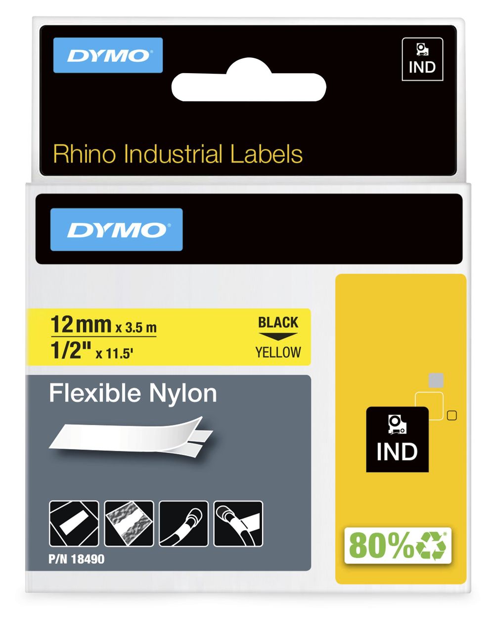 DYMO Rhino Industrie Nylonetiketten | flexibel | 12 mm x 3,5 m | schwarz auf gelbe | selbstklebendes Schriftband | fur DYMO Rhino und LabelManager Beschriftungsgerät 