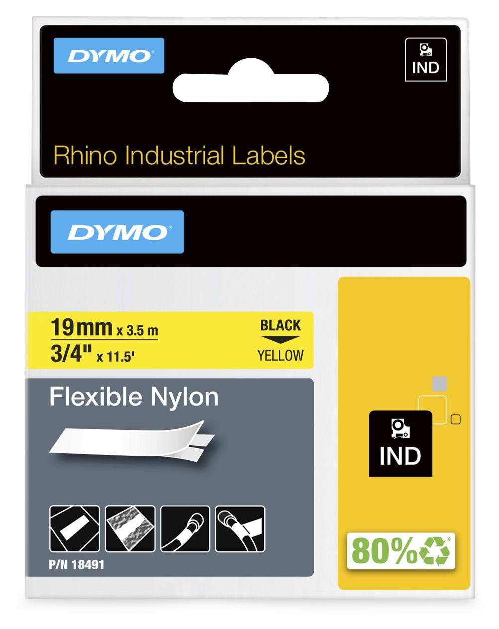 DYMO Rhino Industrie Nylonetiketten | flexibel | 19 mm x 3,5 m | schwarz auf gelb | selbstklebendes Schriftband | für DYMO Rhino und LabelManager Beschriftungsgerät 