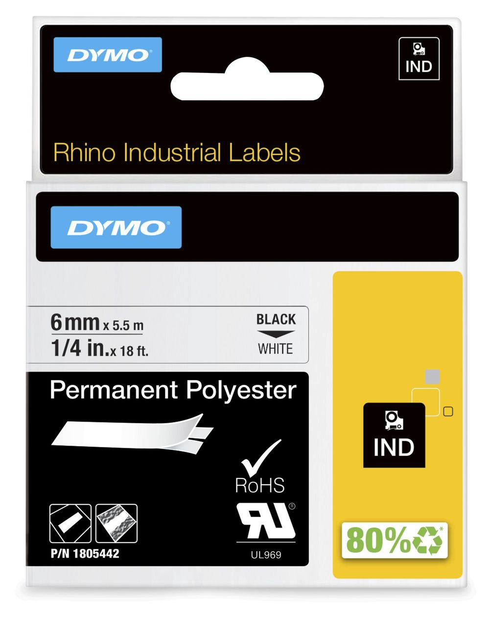 DYMO Rhino Industrie Permanente Polyesteretiketten | 6 mm x 5,5 m | Schwarz auf Weiß | selbstklebendes Schriftband | für DYMO Rhino und LabelManager Beschriftungsgerät 