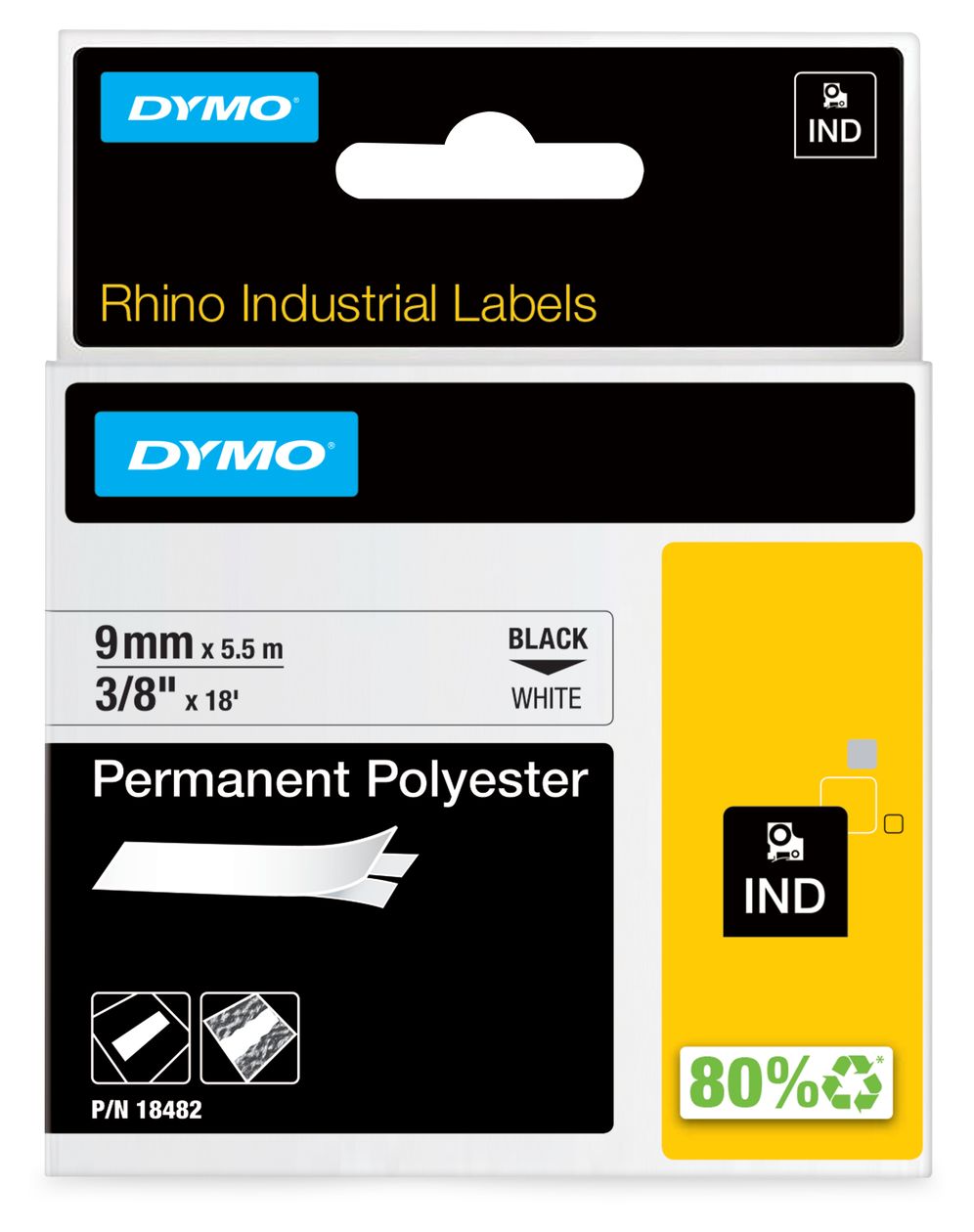 DYMO Rhino Industrie Permanente Polyesteretiketten | 9 mm x 5,5 m | Schwarz auf Weiß | selbstklebendes Schriftband | für DYMO Rhino und LabelManager Beschriftungsgerät 